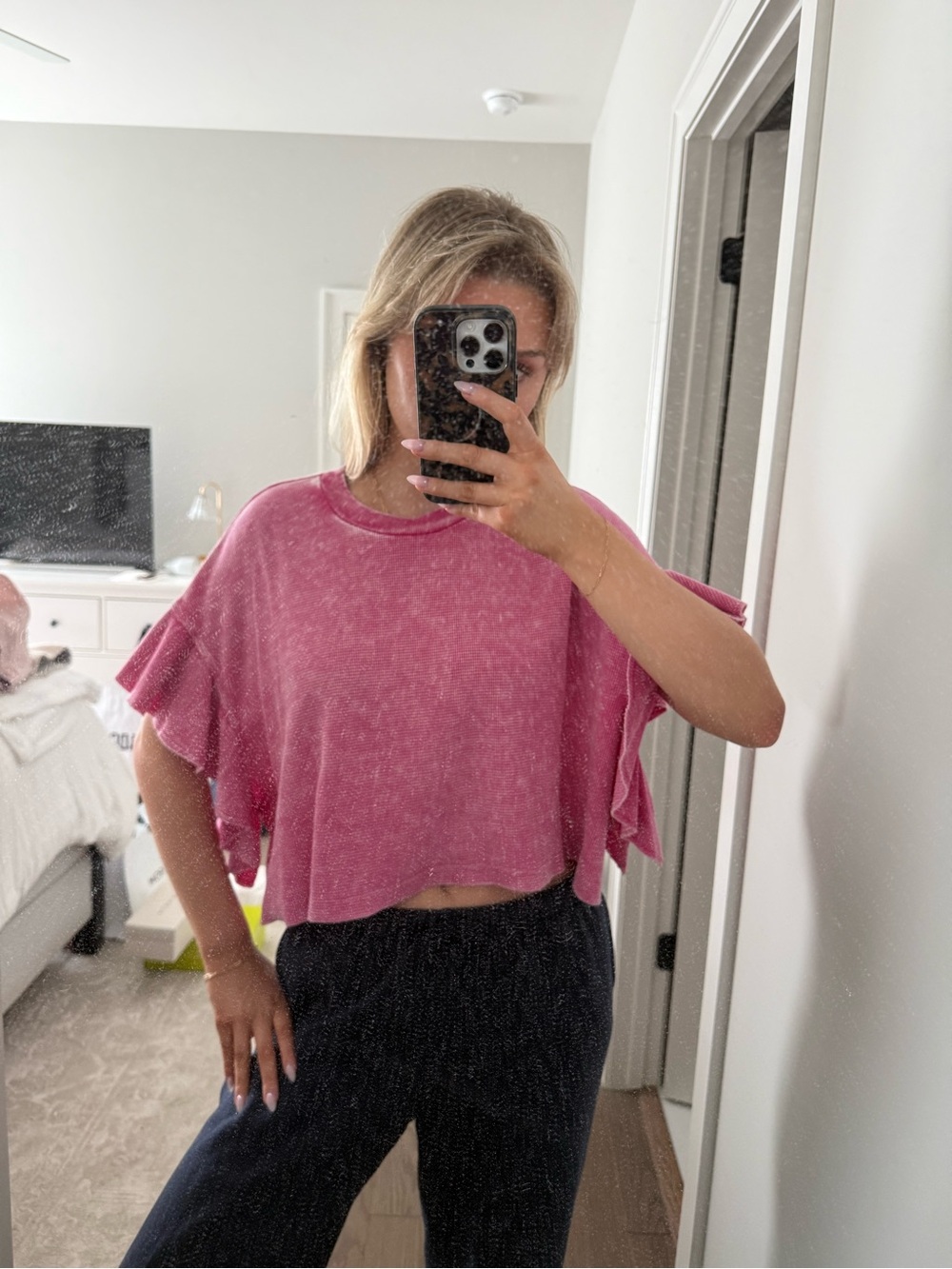 Altar'd State Pink Flutter Sleeve Crop Top